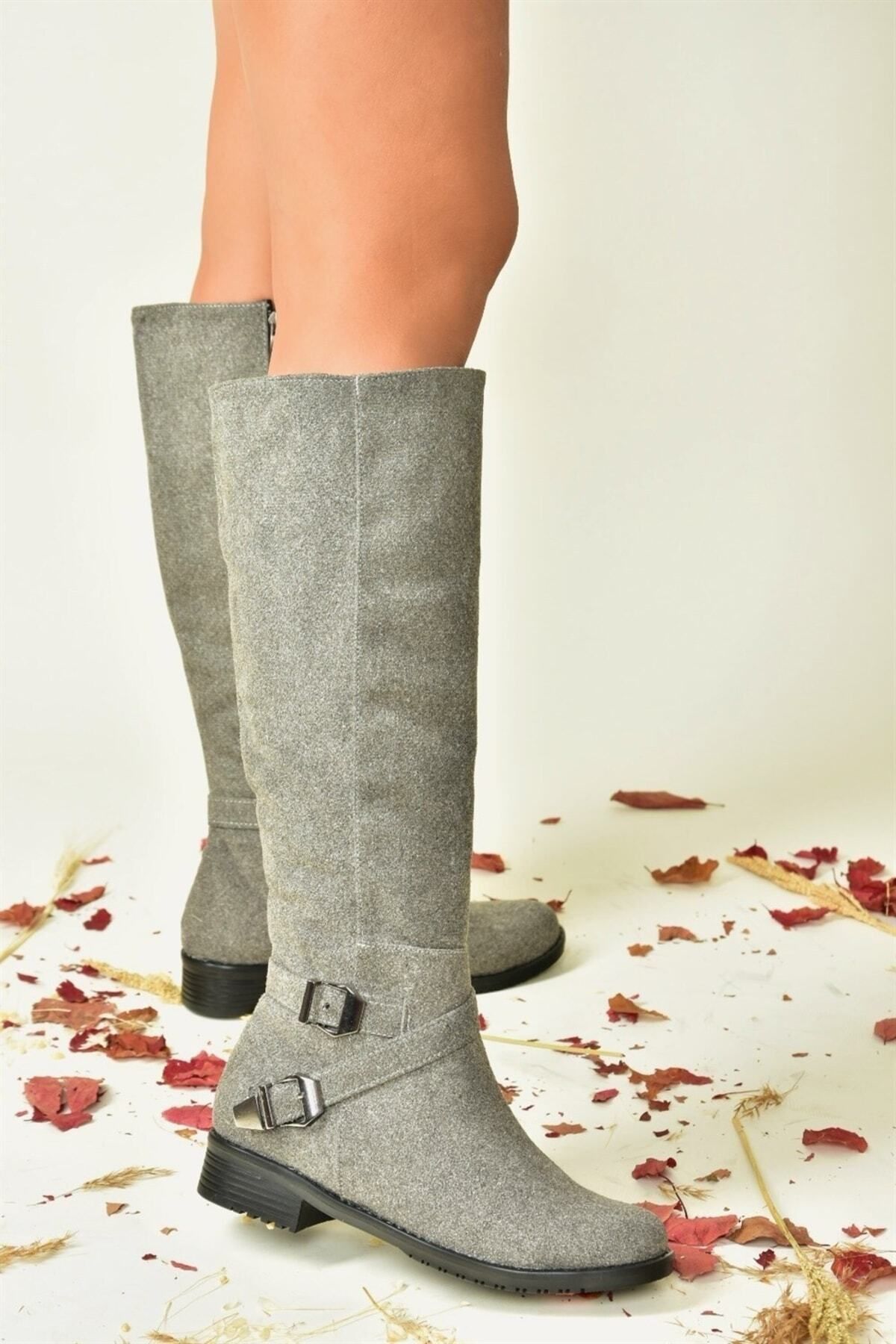 Fox Shoes Gray Suede Short Heeled Women s Boots E726203402 Trendyol
