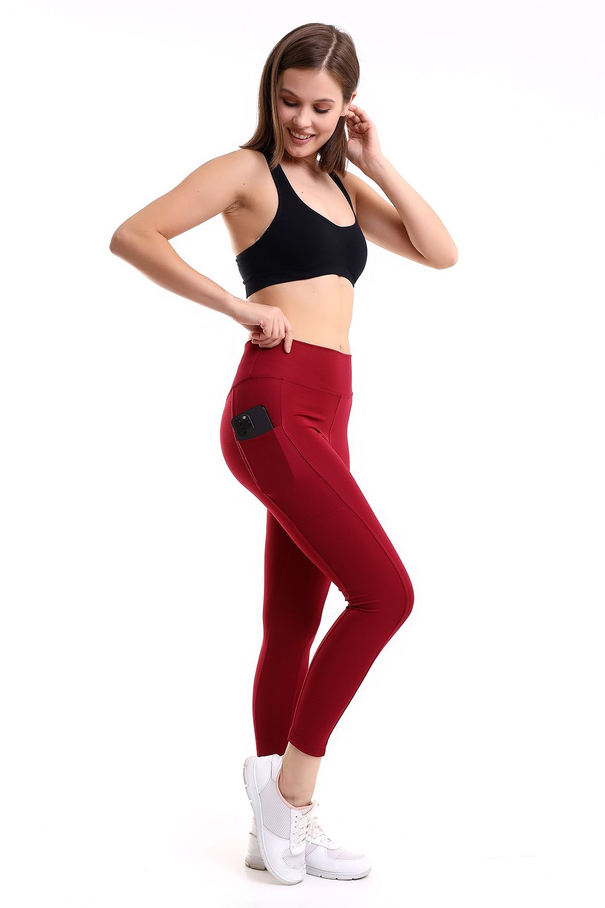 EMFURE Burgundy Women's Sports Tights Double Pocket Firming Tights