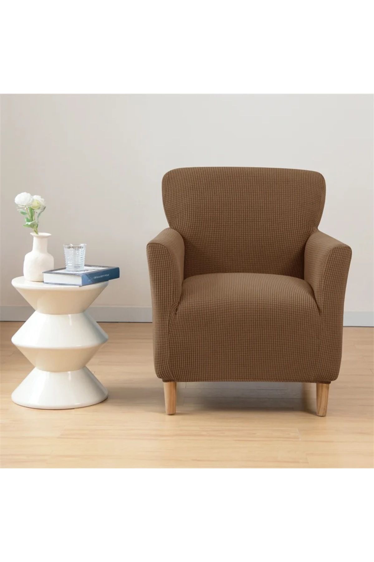uzhanem-Flexible Lycra Stretch - Single Square Patterned Berjer Kotuk Cover (Light Brown) 2