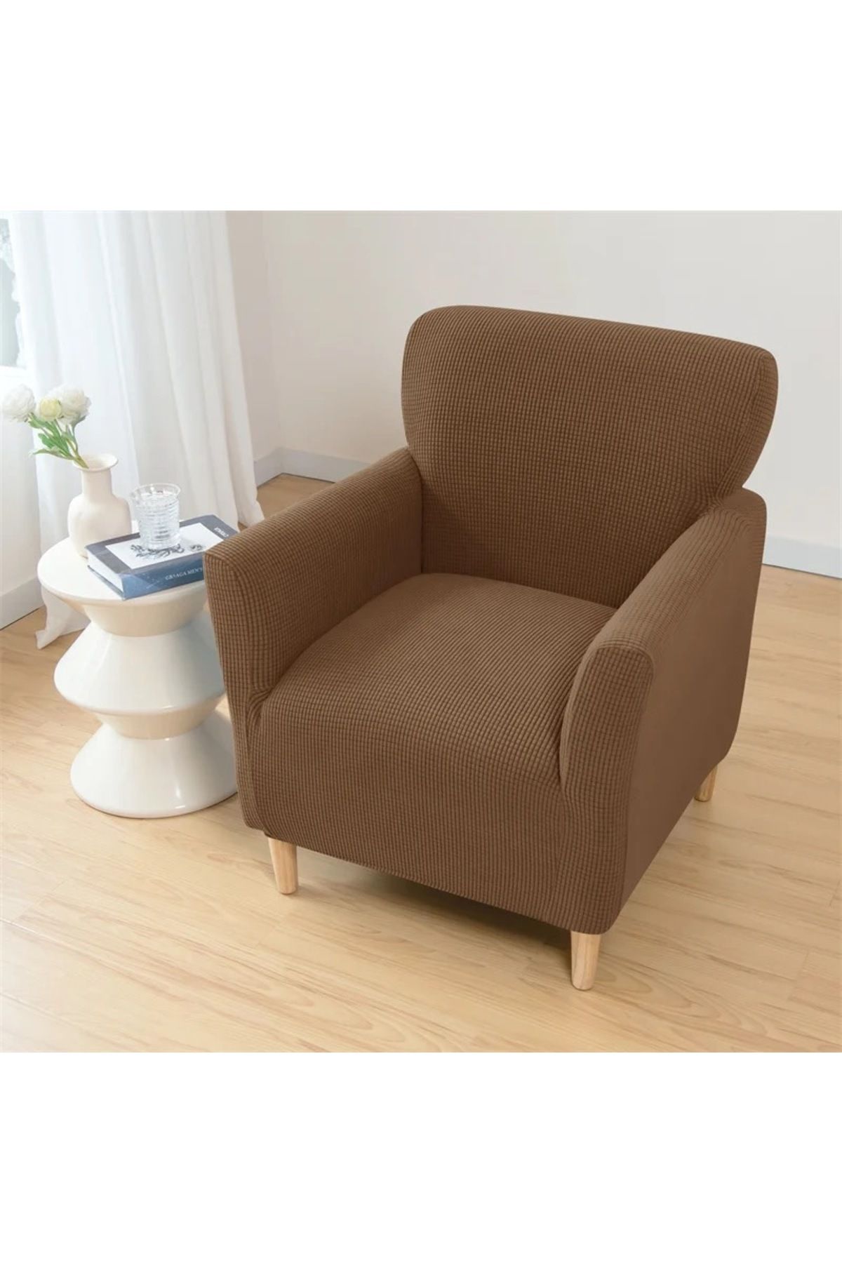 uzhanem-Flexible Lycra Stretch - Single Square Patterned Berjer Kotuk Cover (Light Brown) 3