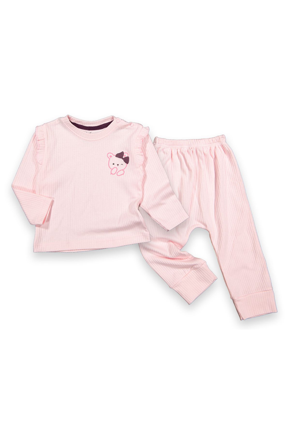 ADABEBEK-Corded Kitty Patterned Style Cotton Combed Cotton Top and Bottom Set 1461 1