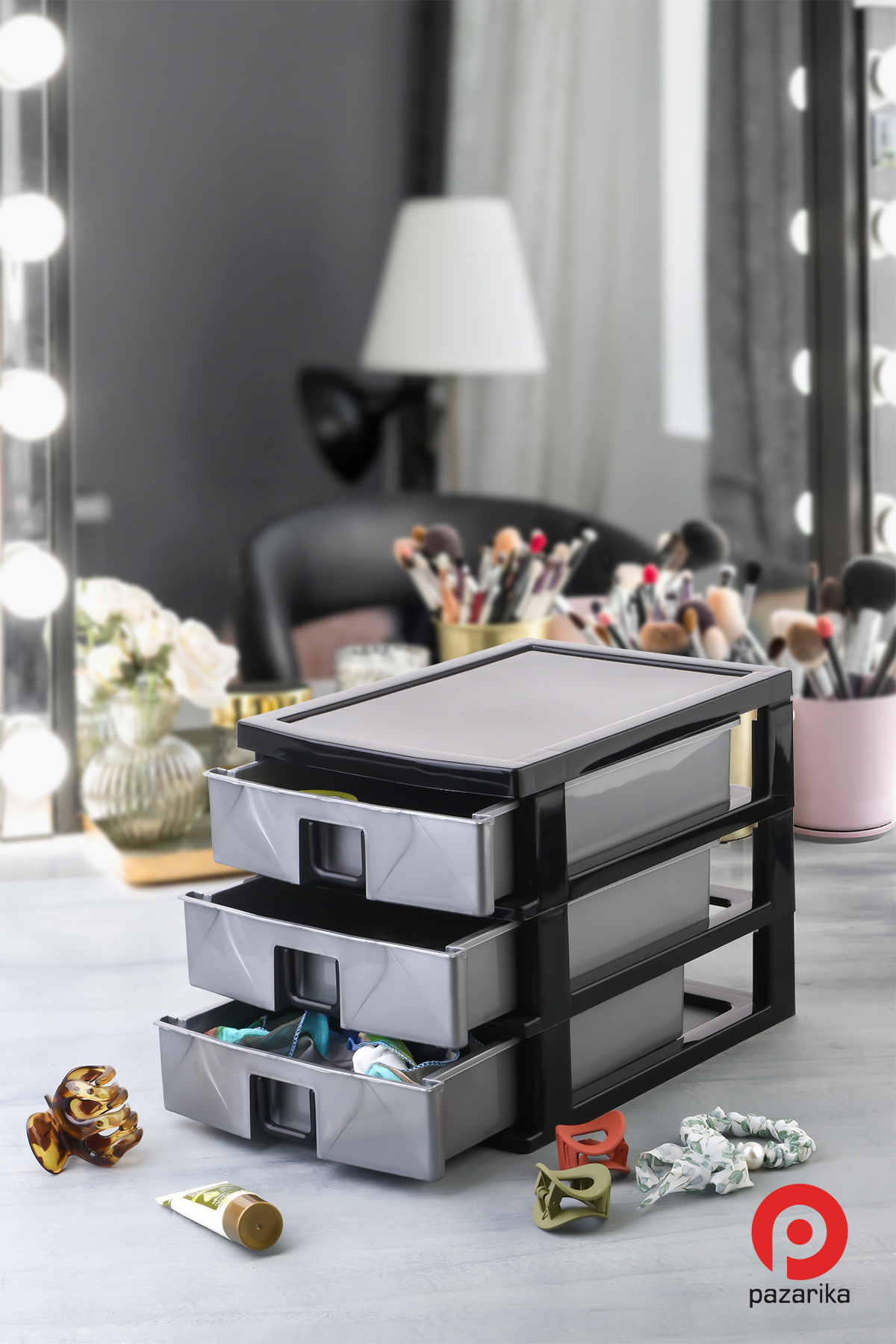 3-Piece Jewelry, Makeup and Cosmetic Organizer Drawer, Office Desk Organizer, Gray