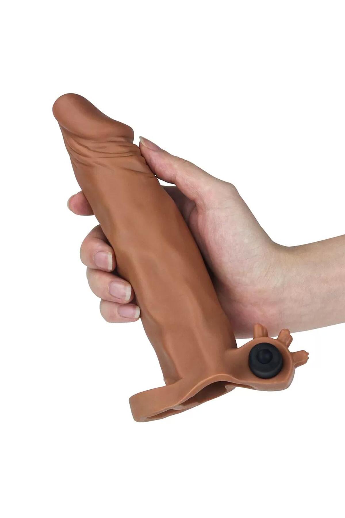 19 CM Dolgulu Gerçekçi Et Dokulu Klitoris vajina Uyarıcı Titreşimli Penis Kılıfı 2