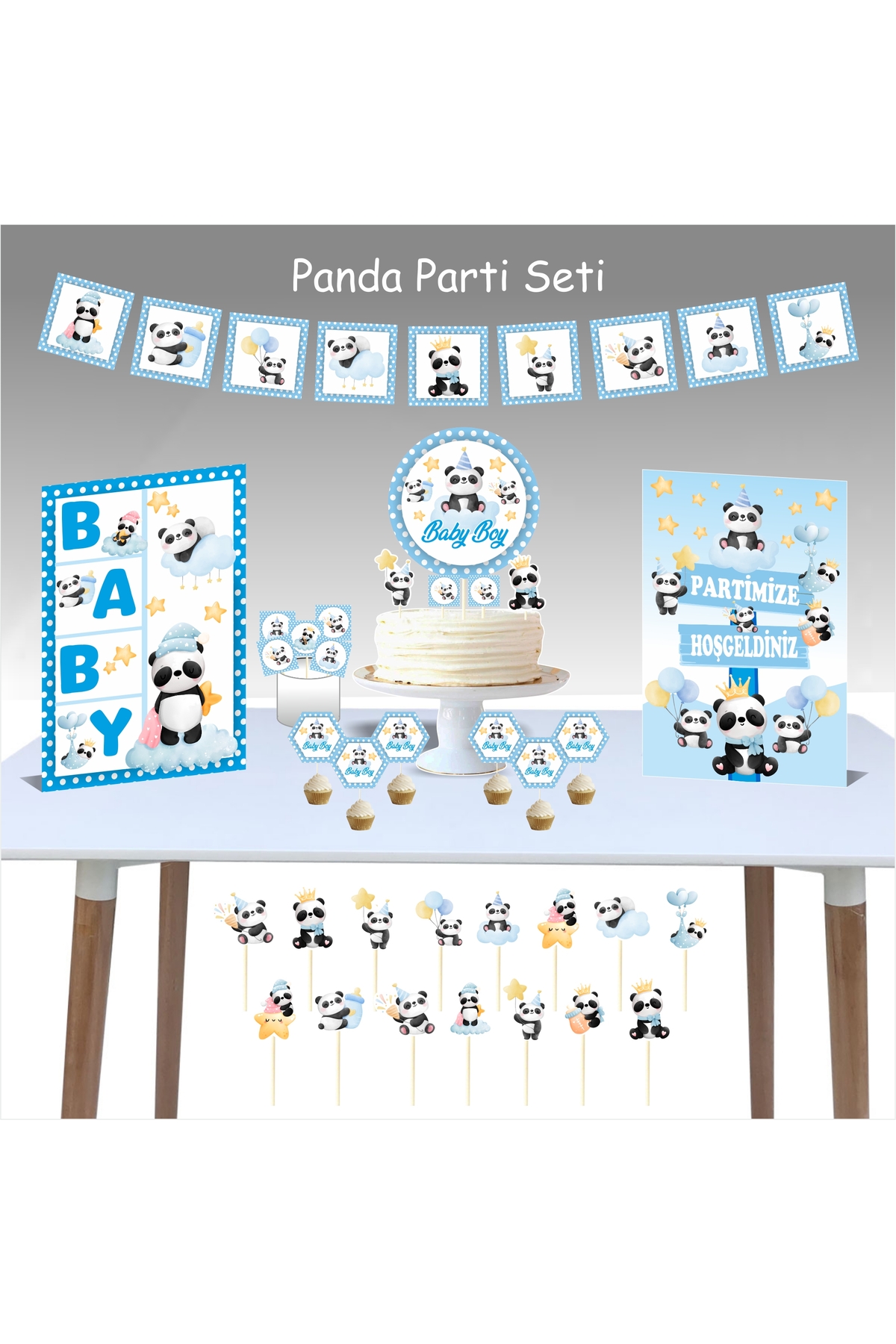 Panda Parti Seti / Doğum Günü Paketi Mavi