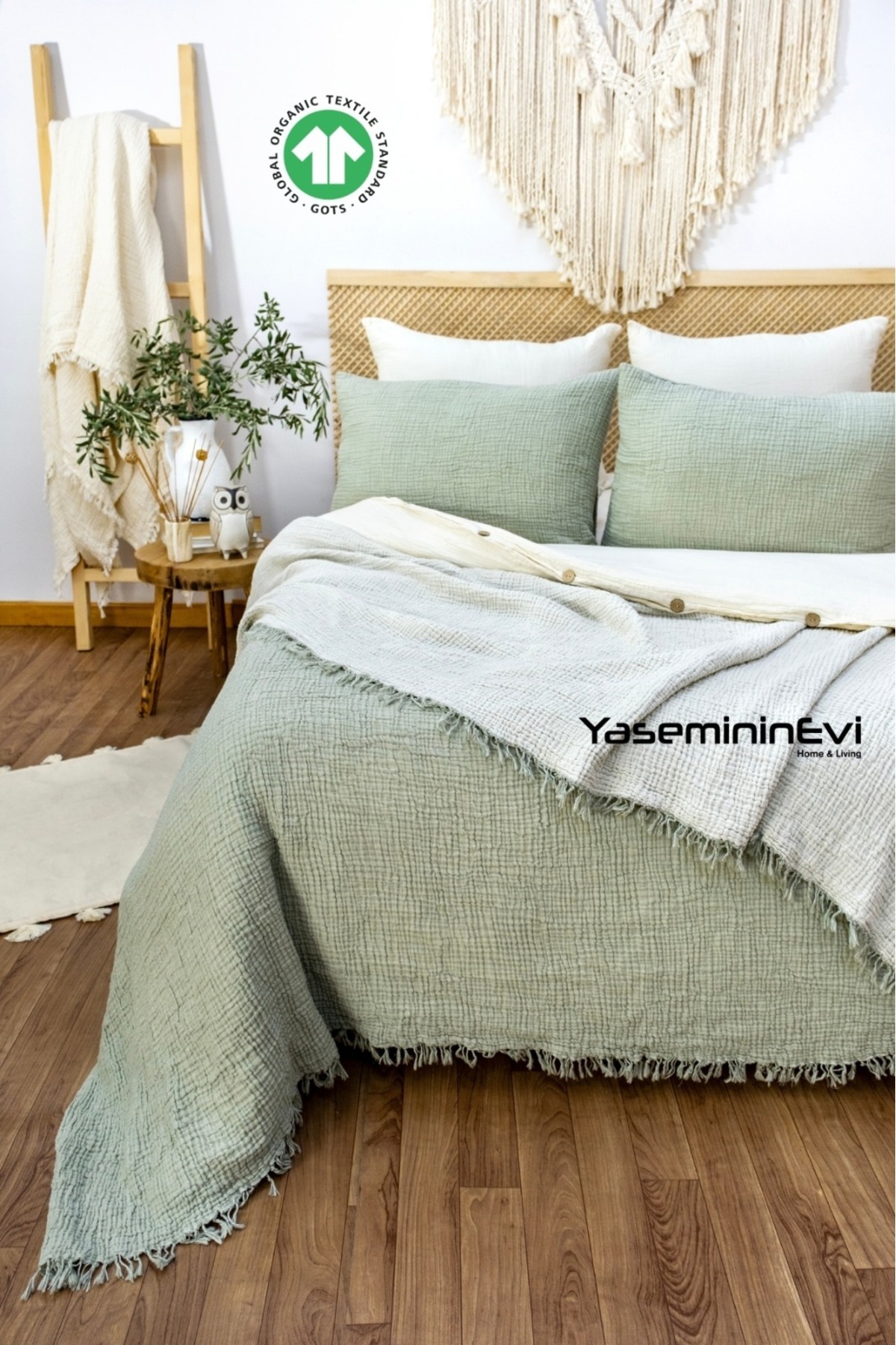 YASEMİNİNEVİ Kıng Sıze Çağla Yeşili Müslin Yatak Örtüsü / Pike Seti 2 Yastık Kılıflı 4