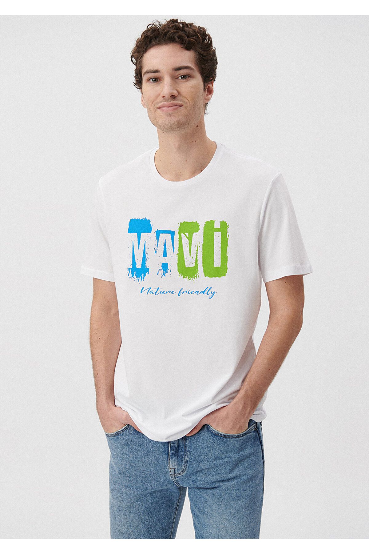 mit Schnitt Logo-Print, / Trendyol Mavi Passform normaler T-Shirt 0610632-620 Weißes - reguläre