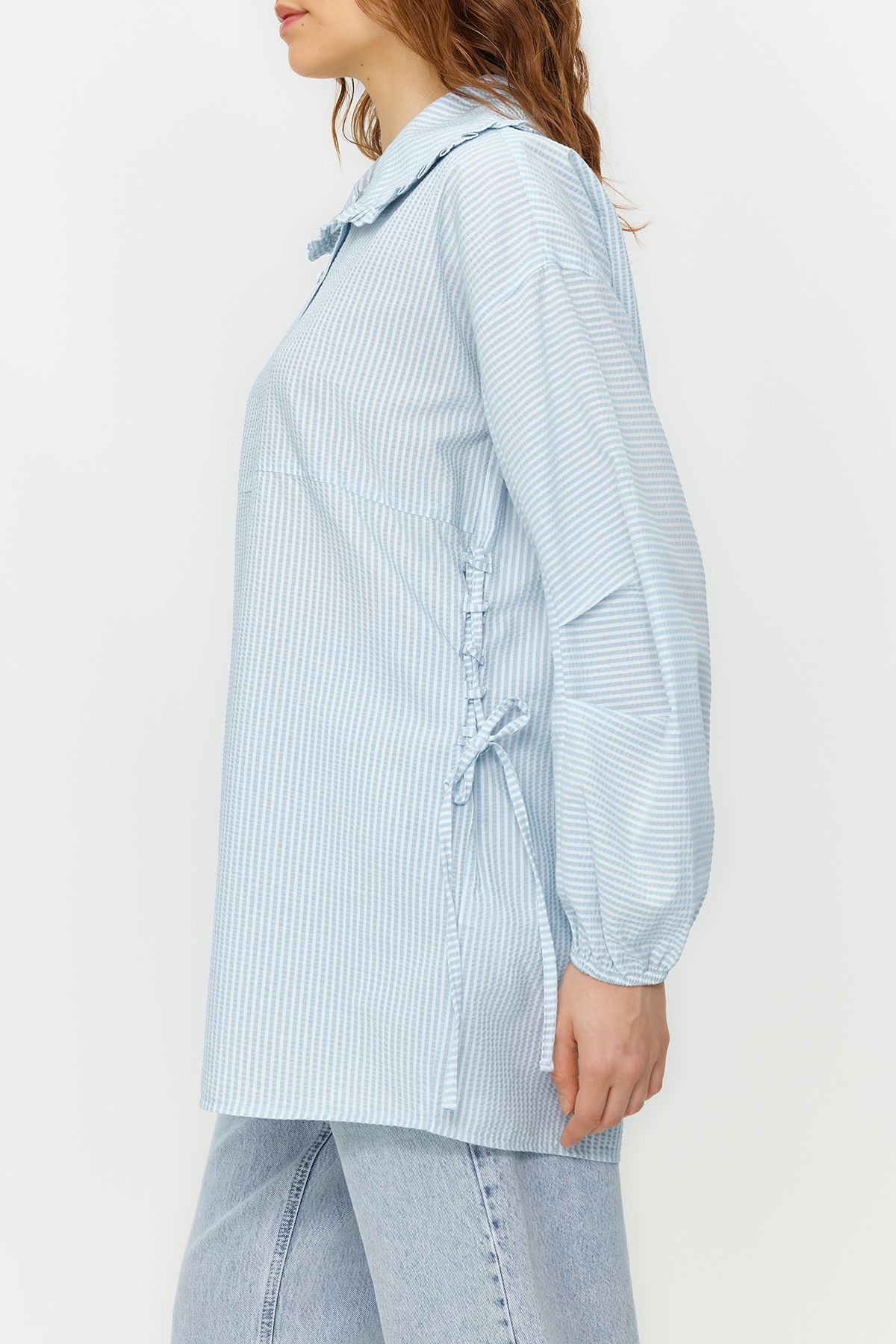 Trendyol Modest-Ανοιχτό γαλάζιο μωρό γιακά με δαντέλα Λεπτομερές υφασμένο χιτώνα Seersucker TCTSS24UK00012 6