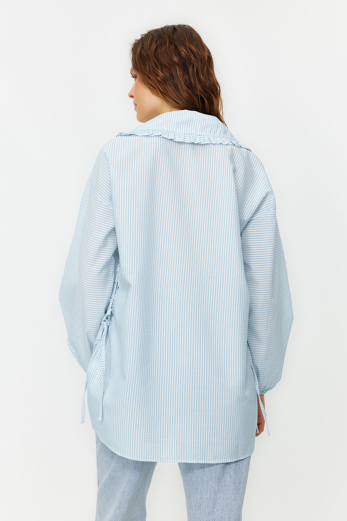 Trendyol Modest-Ανοιχτό γαλάζιο μωρό γιακά με δαντέλα Λεπτομερές υφασμένο χιτώνα Seersucker TCTSS24UK00012 5