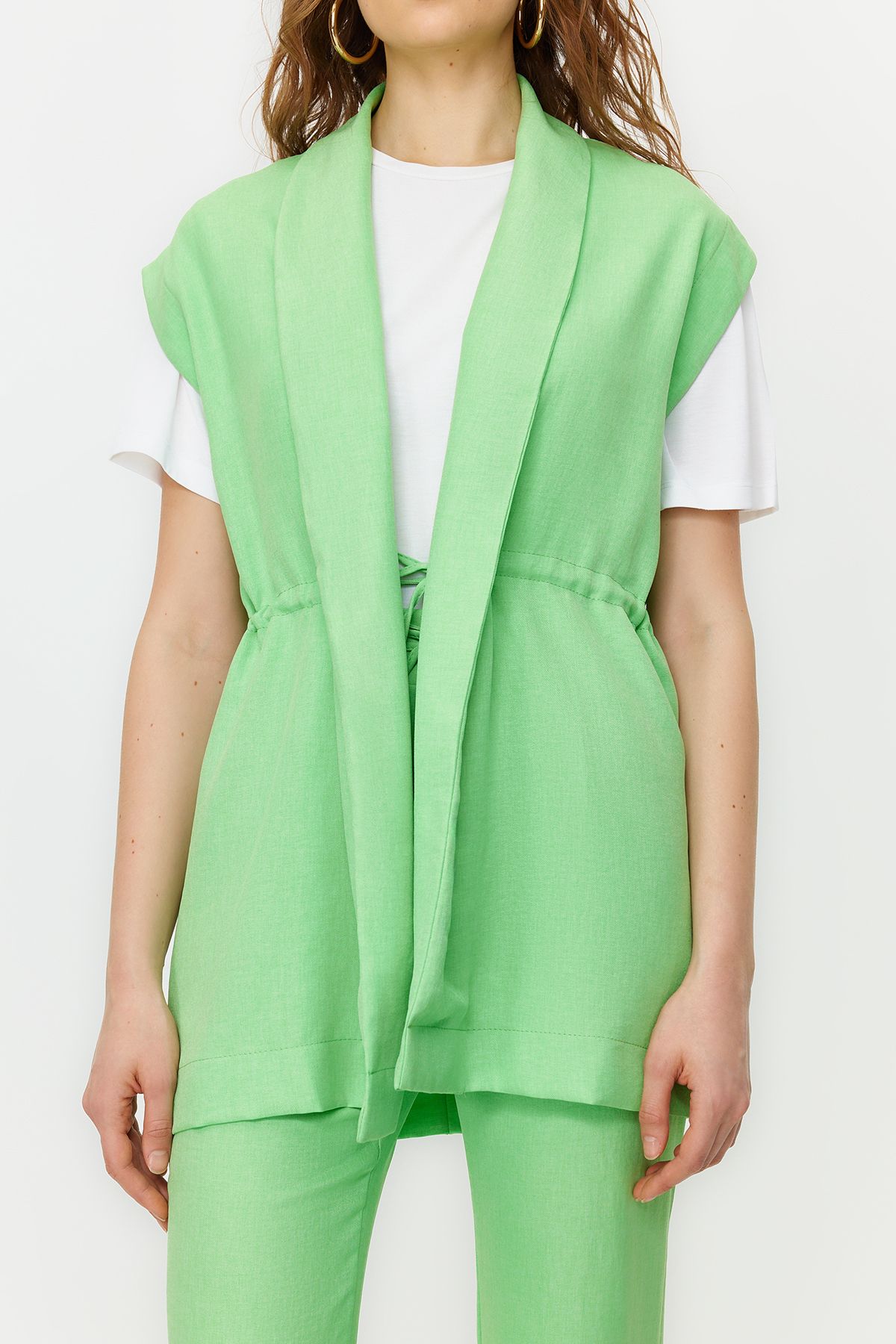 Trendyol Modest-Green Internal Tie Linen Look Kimono-Trousers Woven Suit TCTSS23US00061 4