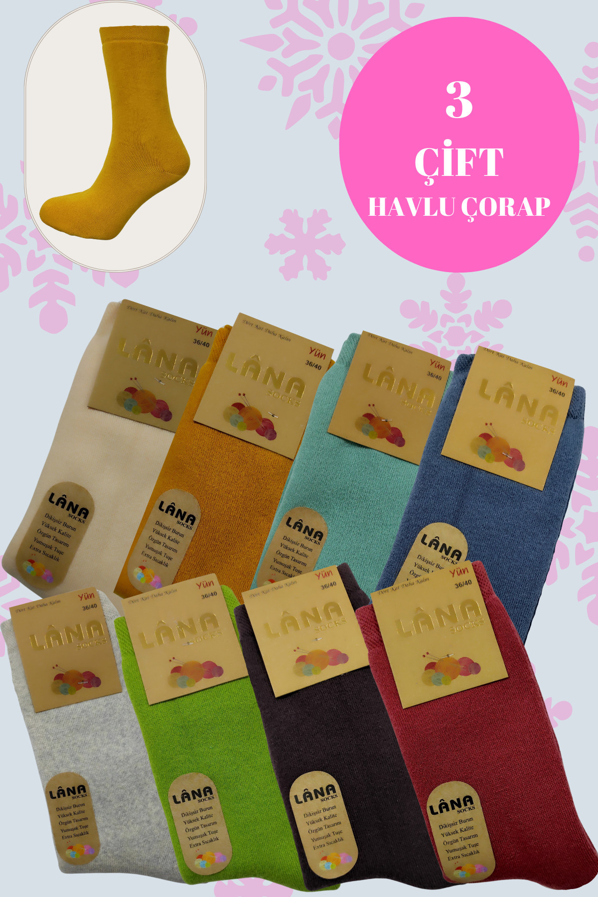 Kışlık Havlu Çorabı ( 3 Çift) Kadın Termal Özellikli Uzun Kalın Çorap — görsel 1 · LİMONSOCKS10222