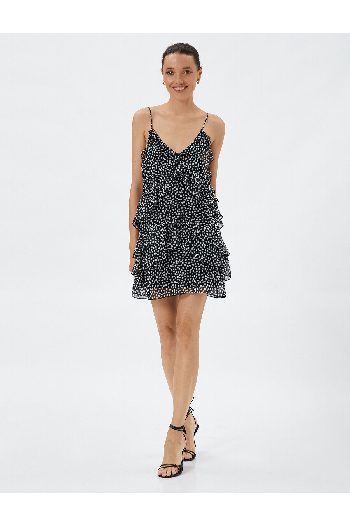 Koton Ruffle Polka Dot Dress Chiffon Mini Thin Straps V Neck Lined