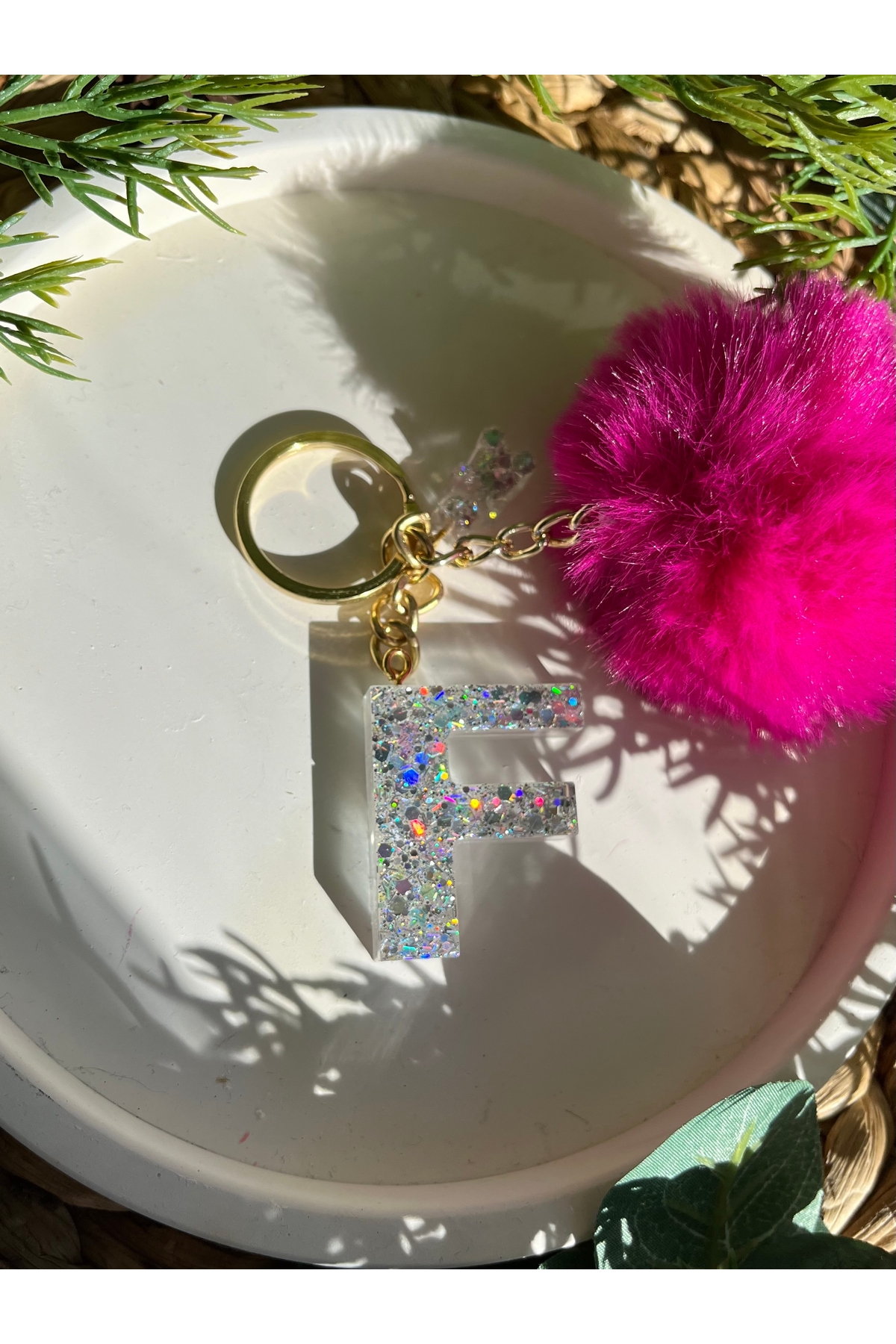 Letter F silver silver glitter epoxy letter keychain hologram