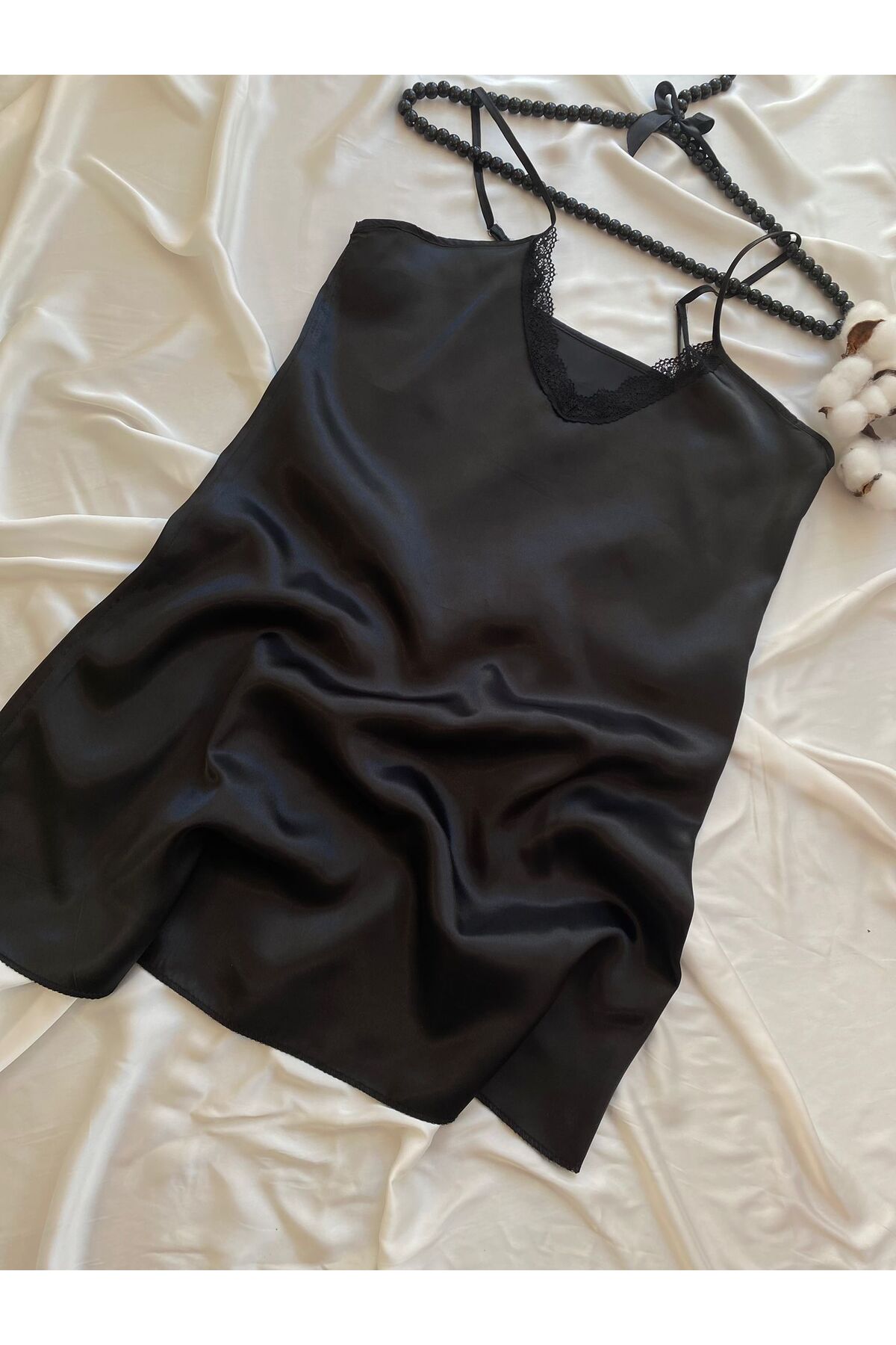 larisa kozmetik & içgiyim KADIN SİYAH SATEN GECELİK