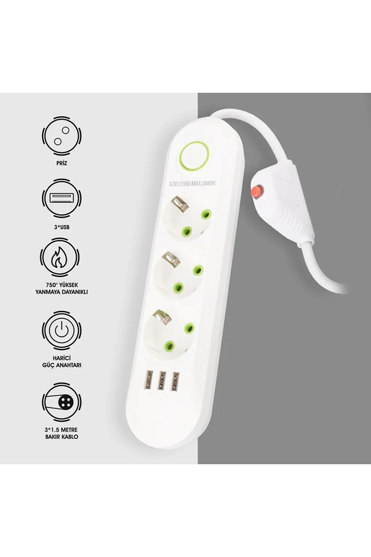 YÜKSEK KALİTELİ AKIM KORUMALI 3'LÜ 1.5 METRE BAKIR KABLOLU 3  AKIM VE ÇOCUK KORUMALI PRİZ Uyumlu