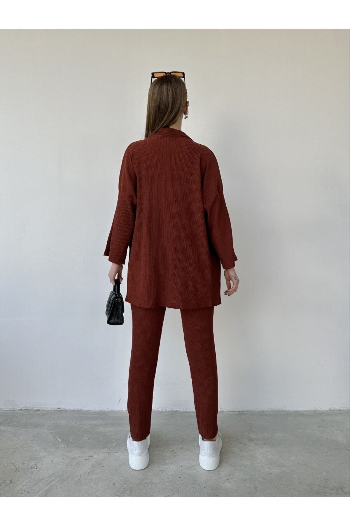 Ensemble Kimono Pantalon Crêpé Marron Col Cycliste - Görsel 2