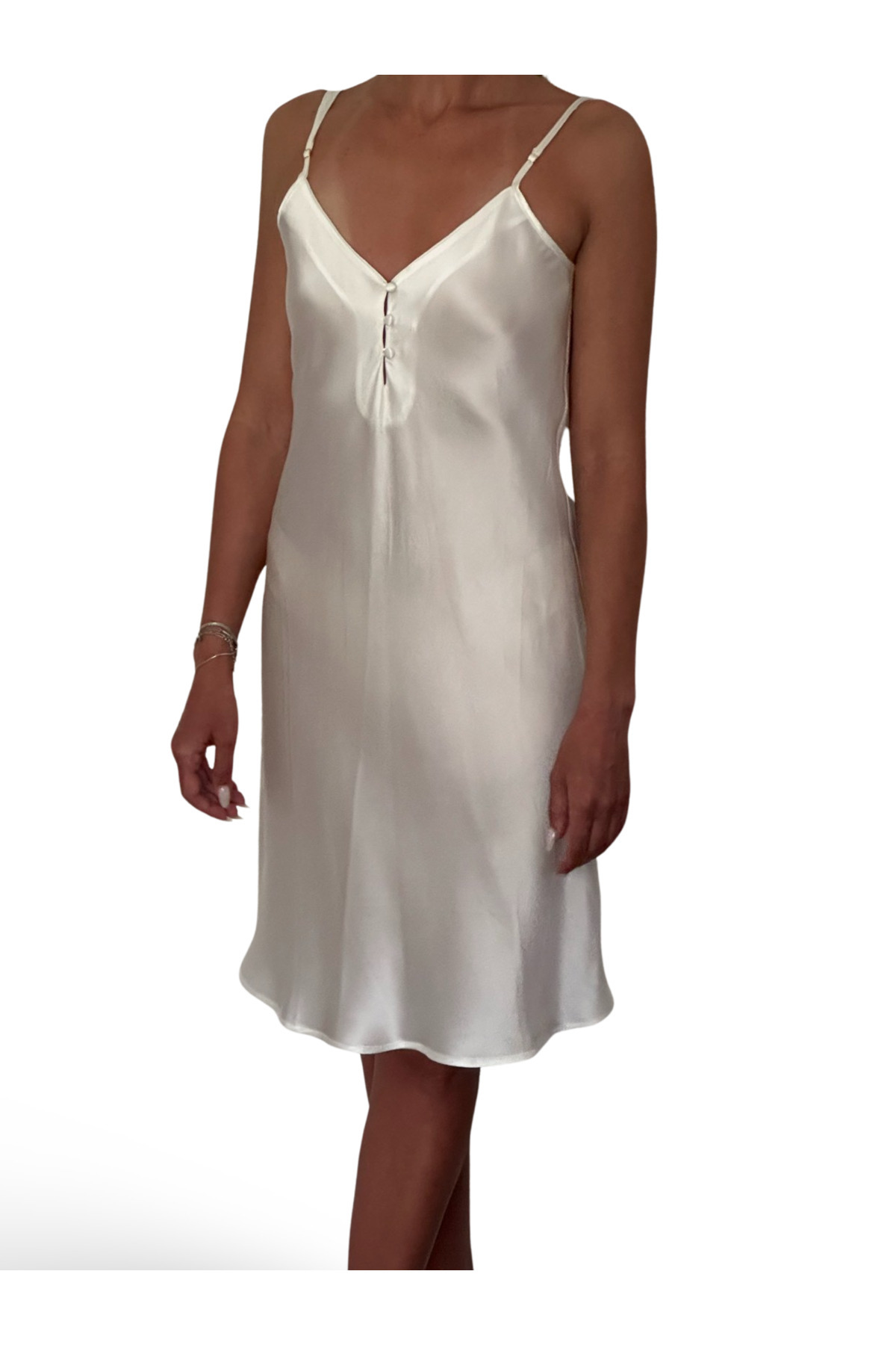 ICON SILK V Yaka Ipek Saten Askılı Elbise (BEYAZ)