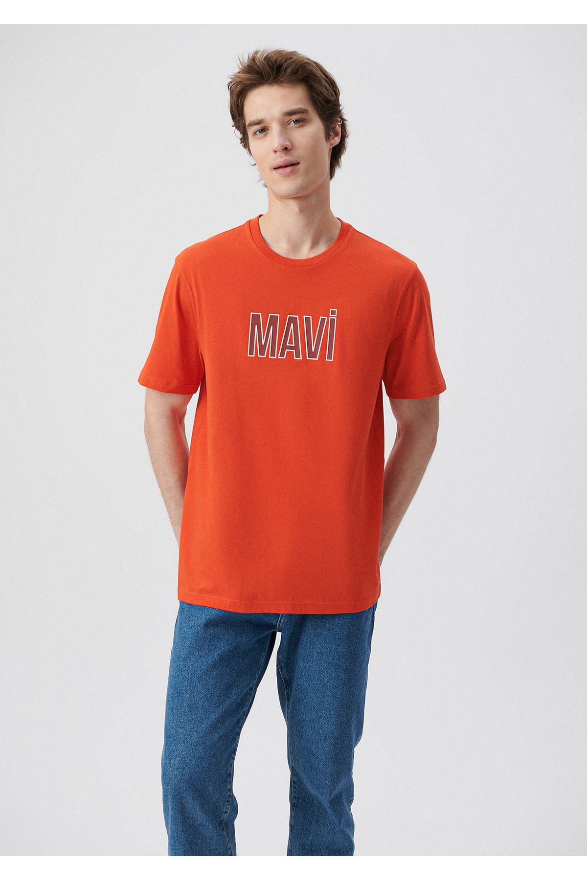 Mavi تی شرت نارنجی چاپی آرم به طور منظم / برش معمولی 066842-70456