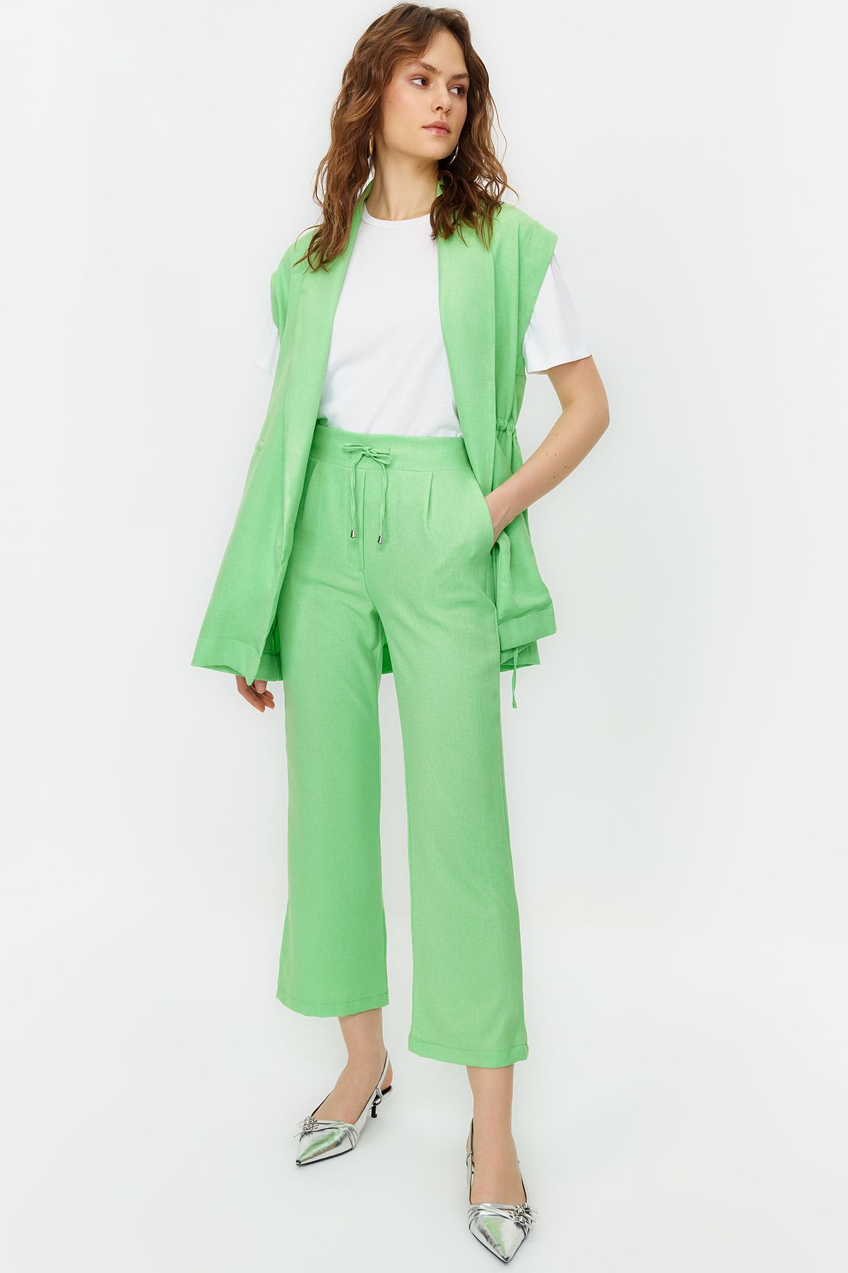 Trendyol Modest Zielony, Wiązany Od Wewnątrz Lniany Garnitur Typu Kimono, Tkany Garnitur Kobieta - 36