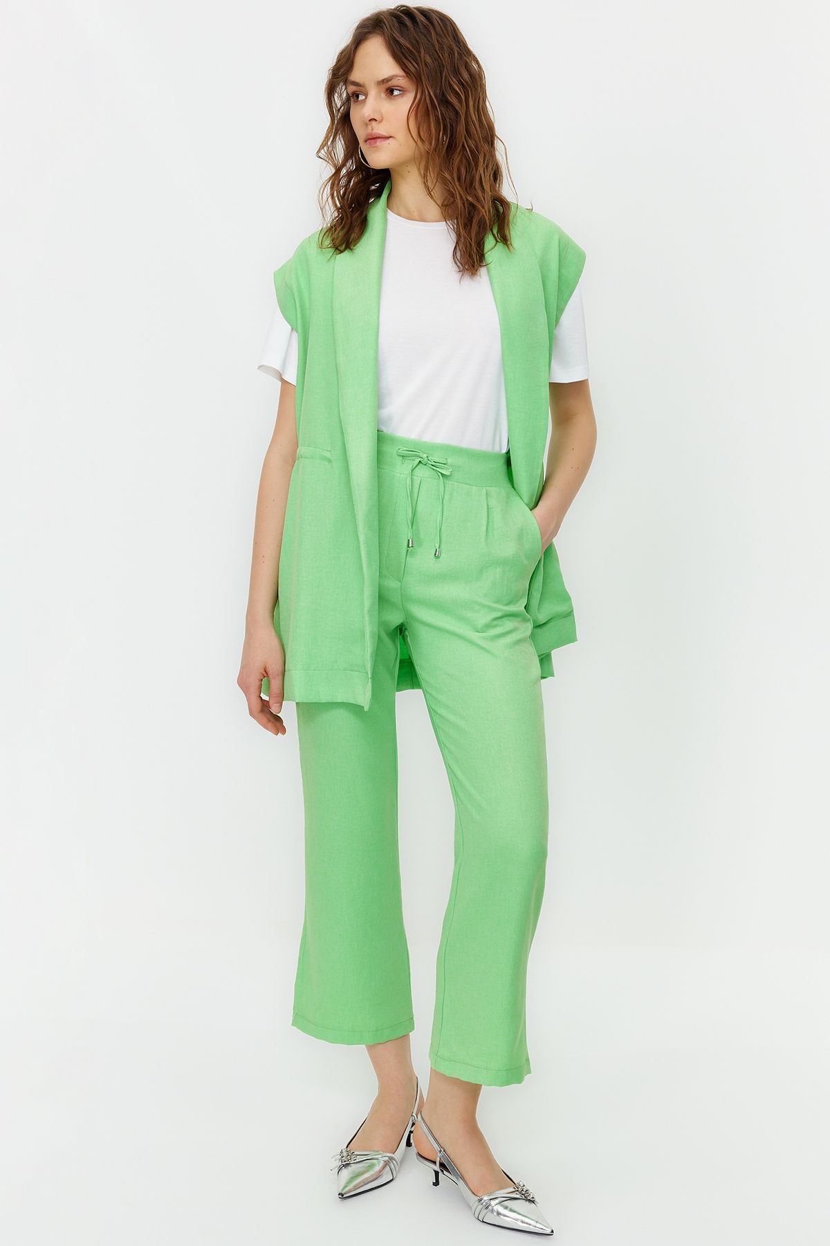 Trendyol Modest-Green Internal Tie Linen Look Kimono-Trousers Woven Suit TCTSS23US00061 2