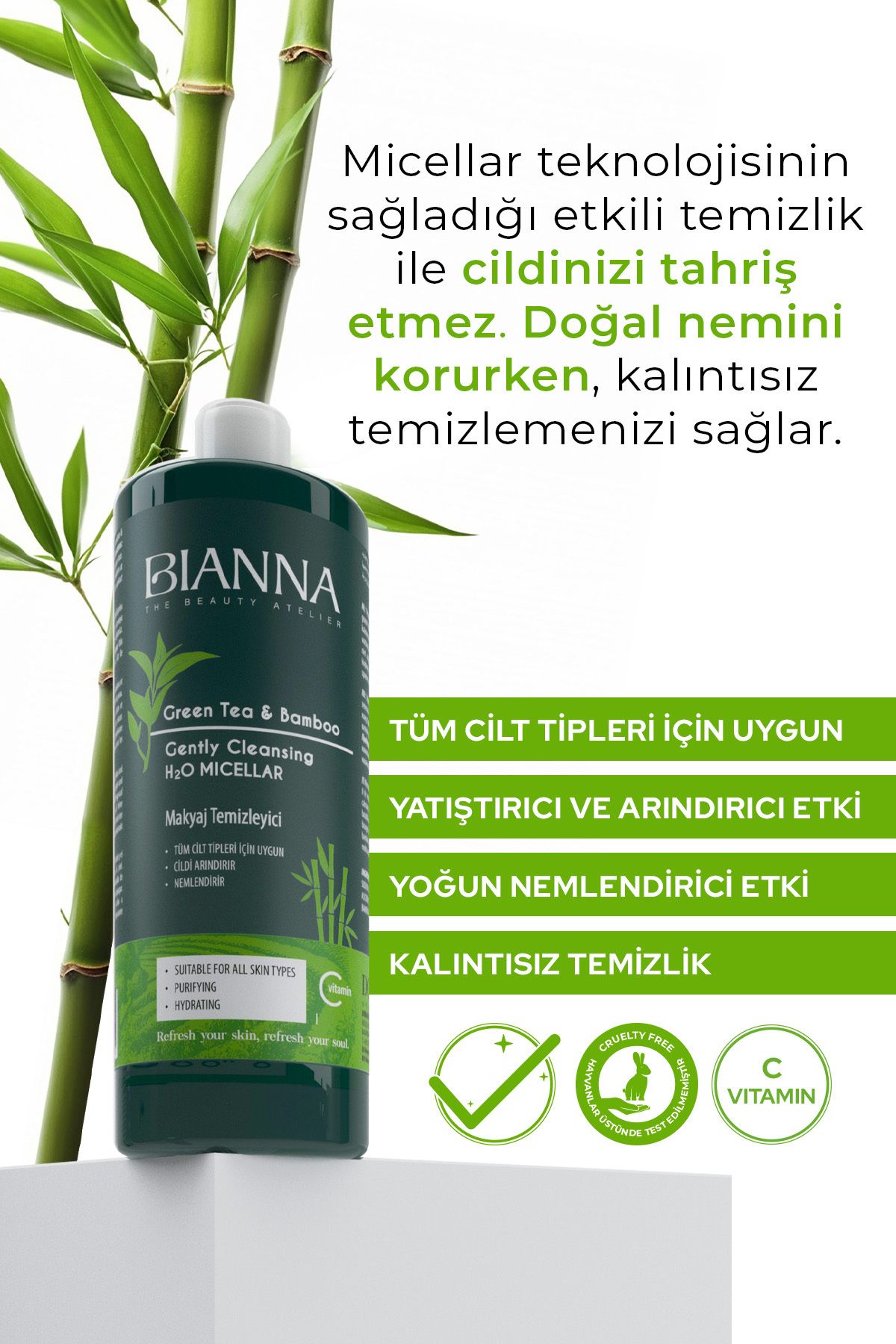 چای سبز و عصاره بامبو ویتامین C آب پاک کننده آرایشی H2O Micellar 400ml Bianna