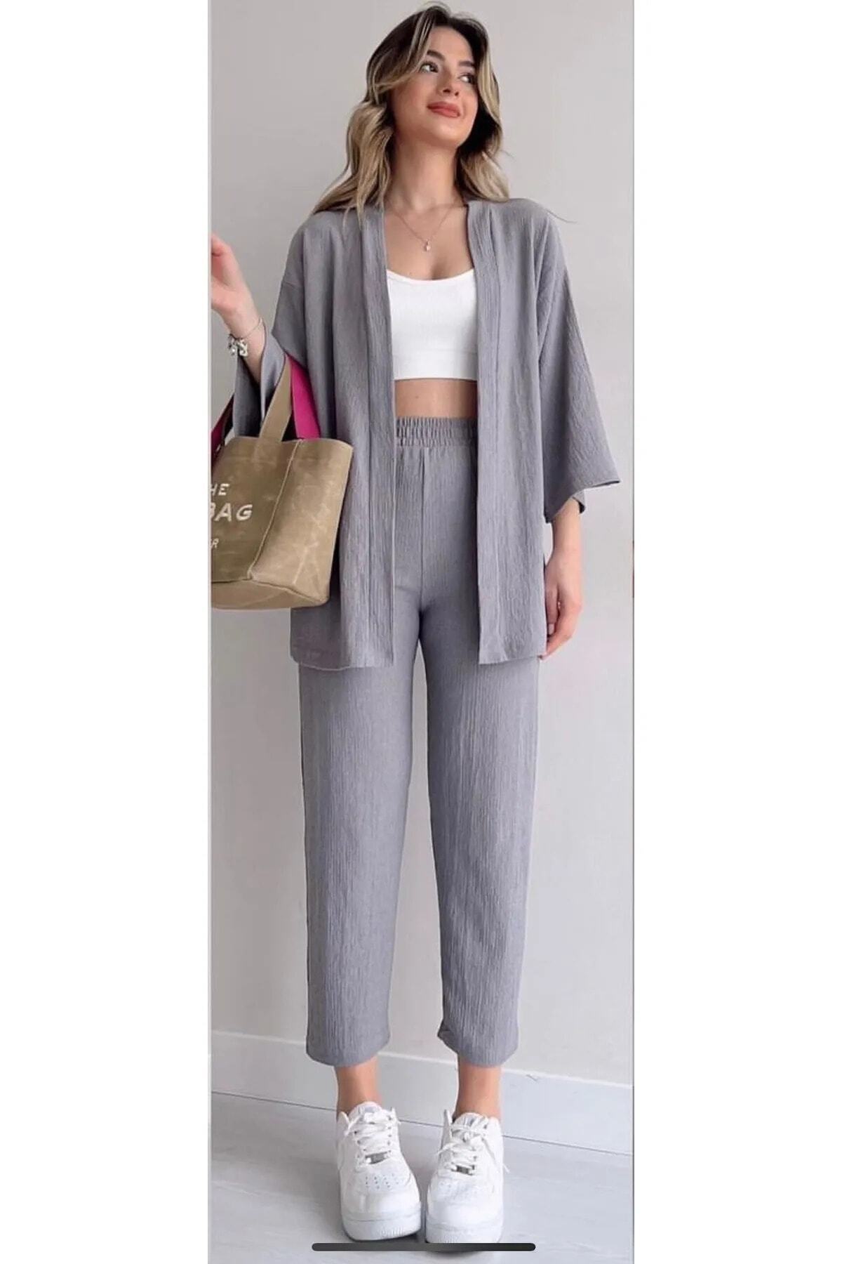 Crepe Fabric Kimono Pantsuit Gray Wide Leg - Görsel 1