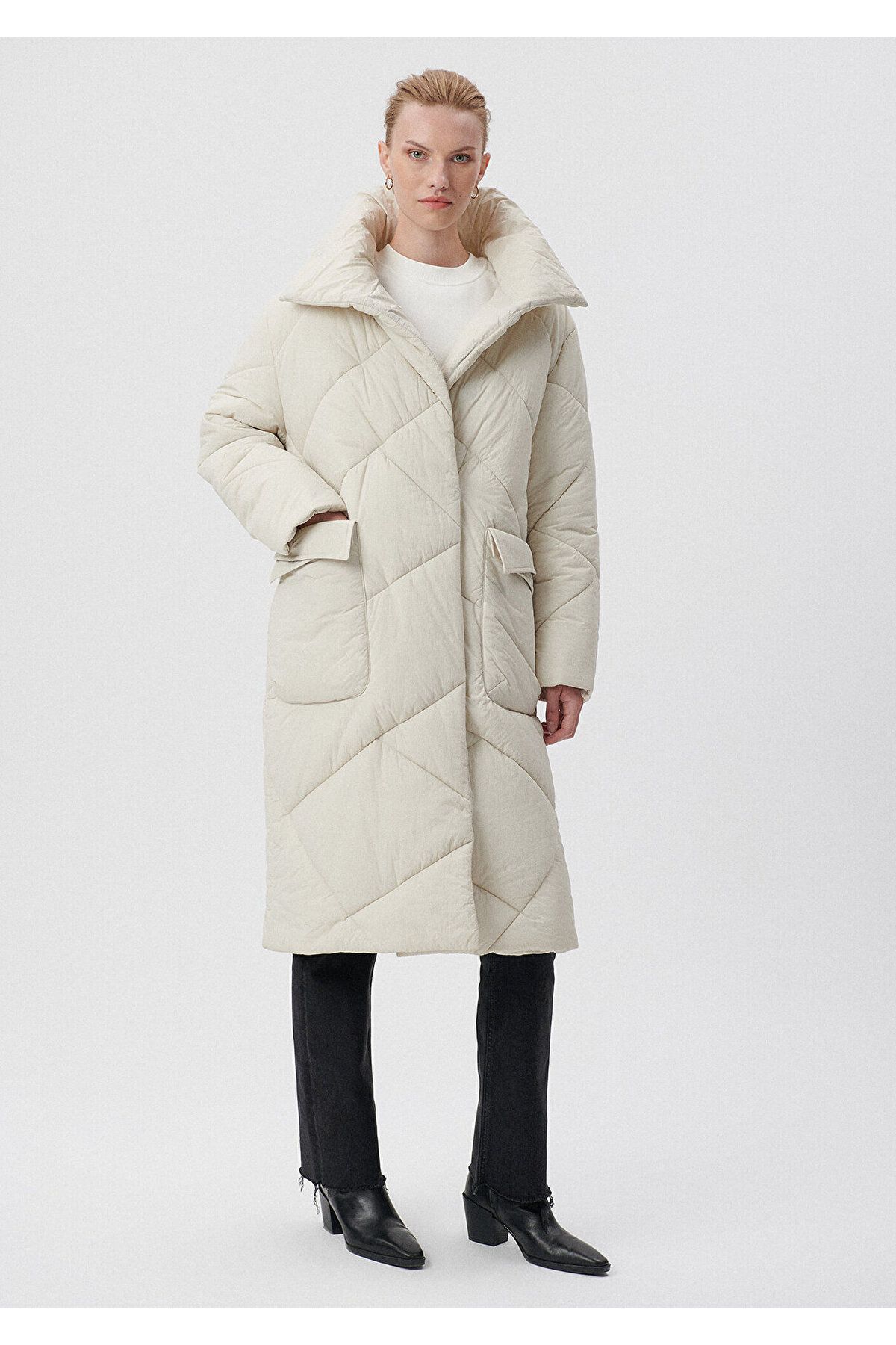 Mavi Premium Beige Long Parka Loose Fit Loose Comfortable Cut