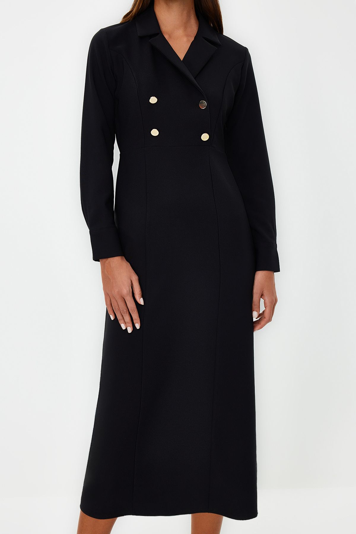 Trendyol Modest-Schwarzes, zweireihiges, gewebtes Kleid mit Kragen und Knöpfen TCTSS24EB00020 5
