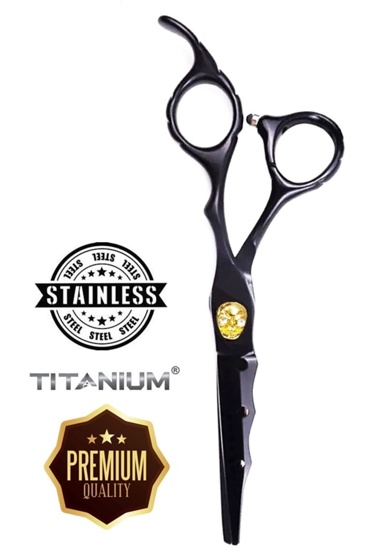 Uniquem Siyah Skull Kurukafa Detaylı Dış Bükey Saç Kesim Makası Salon Profesyonel Kuaför XLQ573B