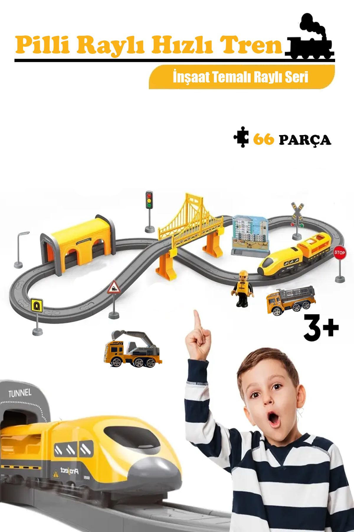 66 Parça 2 Arabalı Raylı Pilli Oyuncak Hızlı Tren Seti Demiryolu İnşaat Mühendislik Serisi