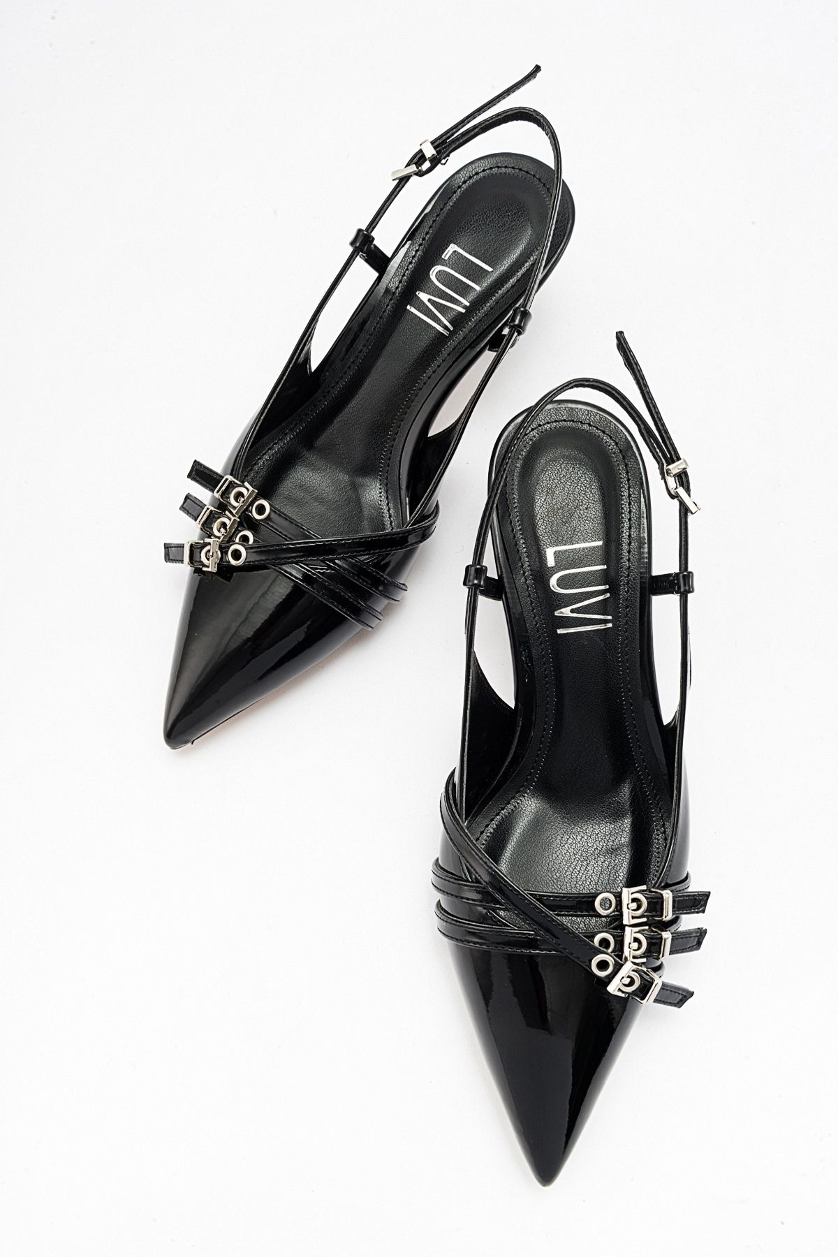 کفش پاشنه کلاسیک سیاه زنانه کمربند چرمی ثبت اختراع و سفید بلند زن luvishoes