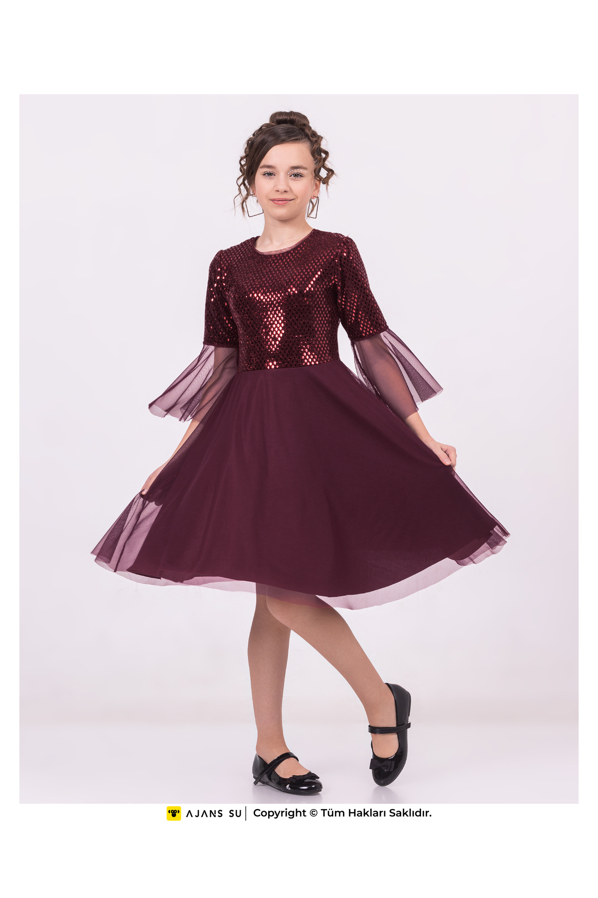 Tulle Short Sleeve Sequin Detailed Graduation and Wedding Girl Dress