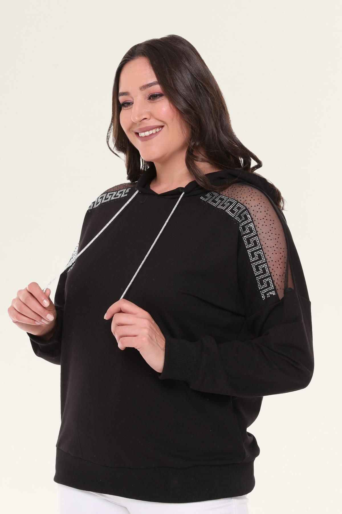 CAFCAF Plus Size Sweatshirt Black Plus Size Trendyol
