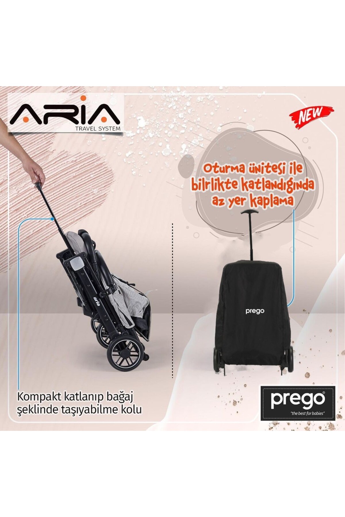 Prego Aria Gri Hafif Tek Elle Katlanır Kabin Boy Bebek Arabası Yağmurluk ve Çanta fotoğrafı 5 (önizleme)