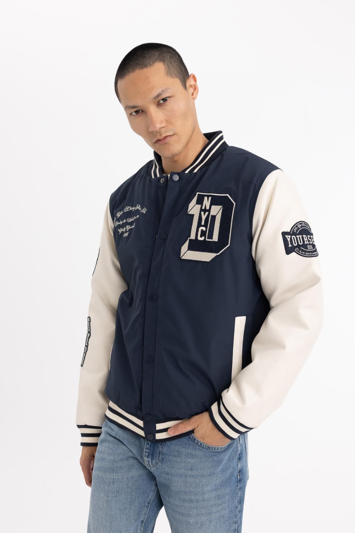 Dark blue sales bomber jacket