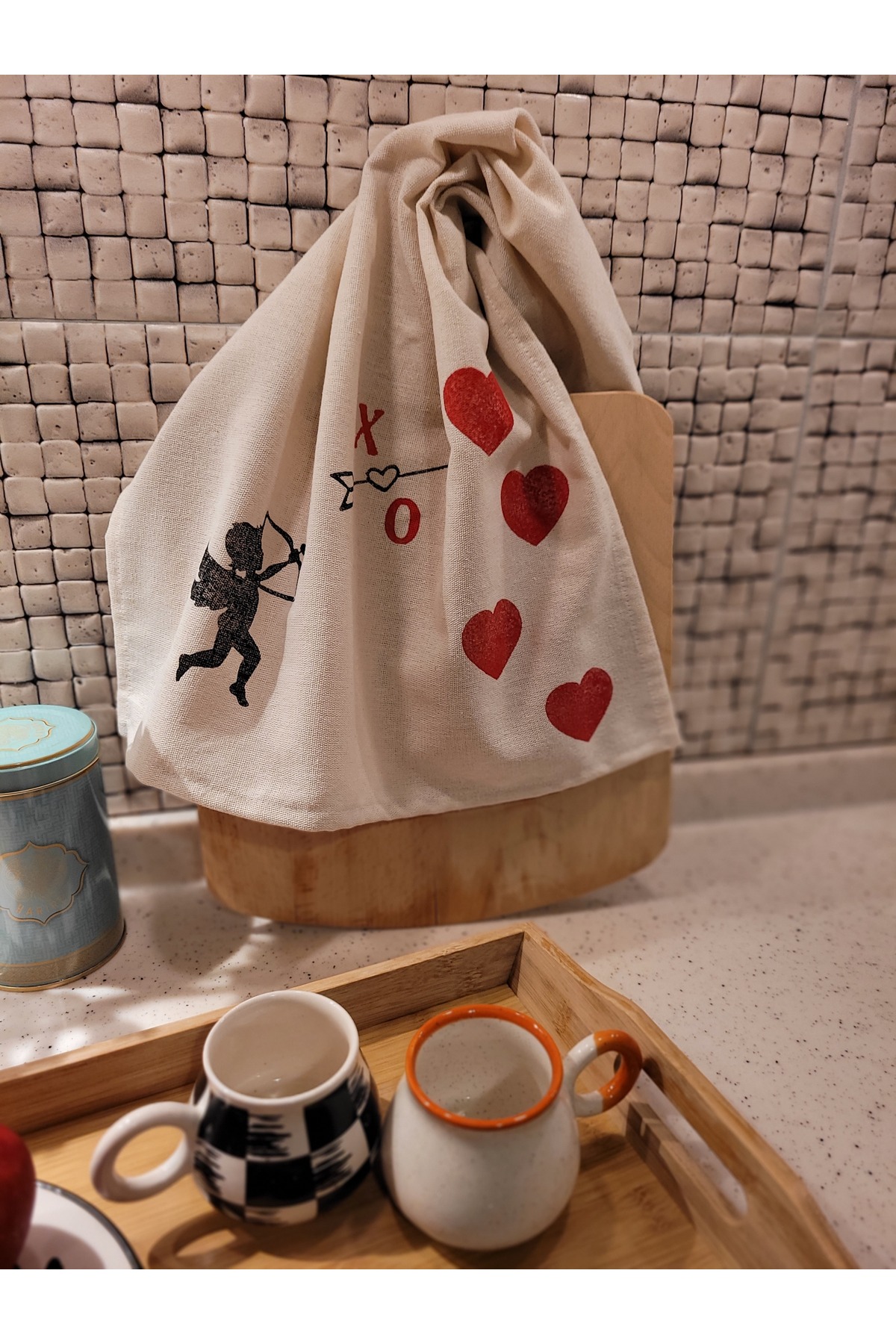 Valentine's Day Gift Linen Drying Cloth with Eros and Heart Pattern, Kitchen Towel, Dish Towel
