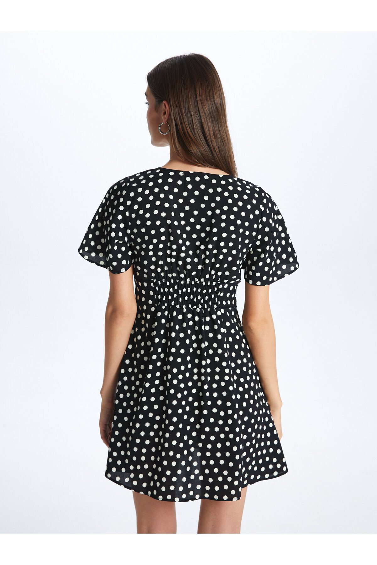 LC Waikiki-V-Neck Polka Dot Short Sleeve Linen Look Women's Dress 5