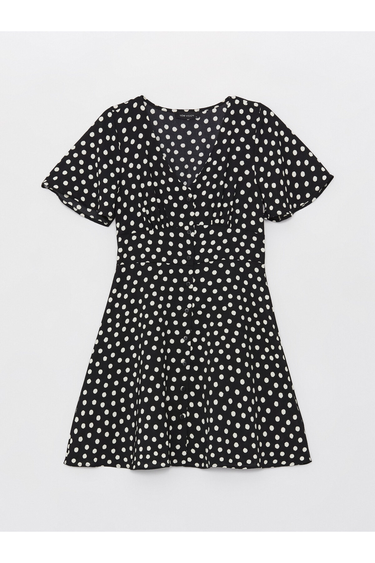 LC Waikiki-V-Neck Polka Dot Short Sleeve Linen Look Women's Dress 6