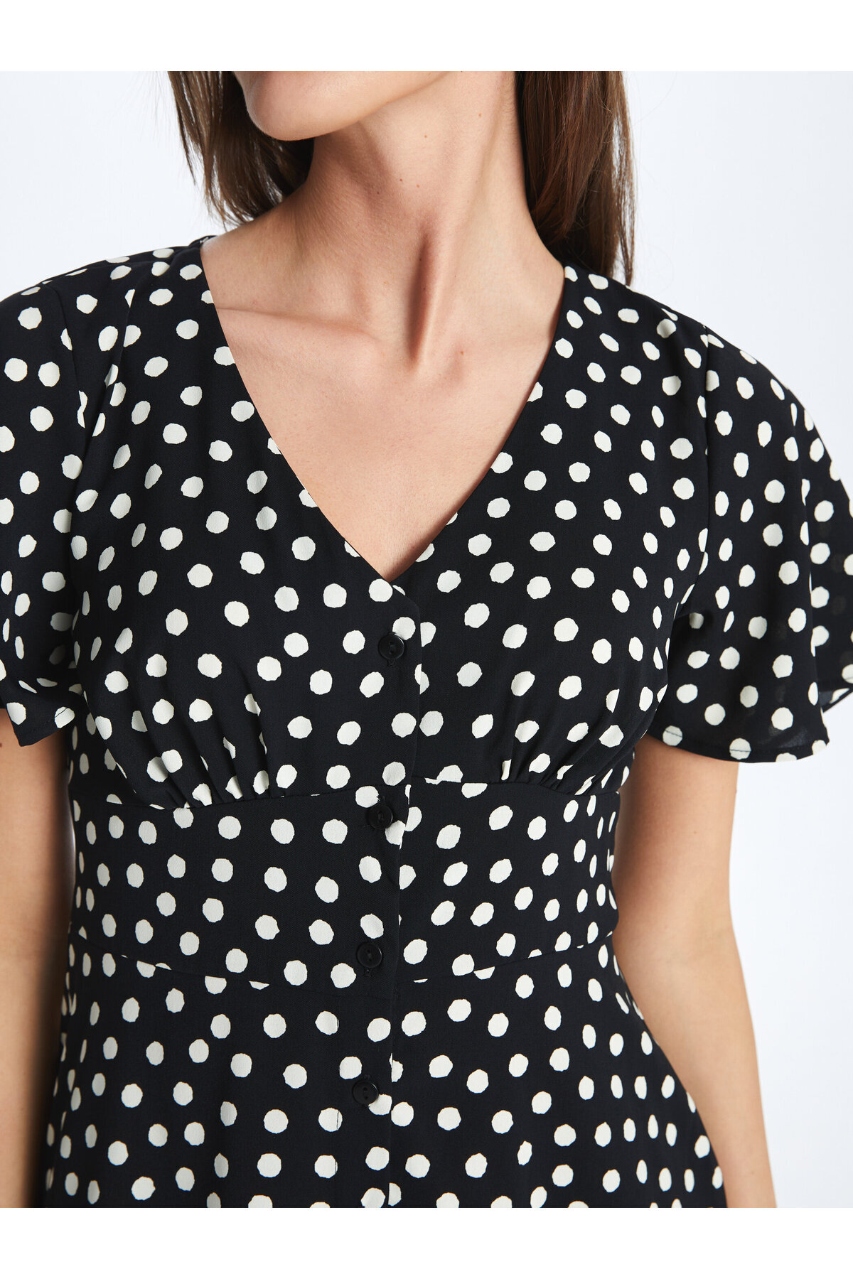 LC Waikiki-V-Neck Polka Dot Short Sleeve Linen Look Women's Dress 4