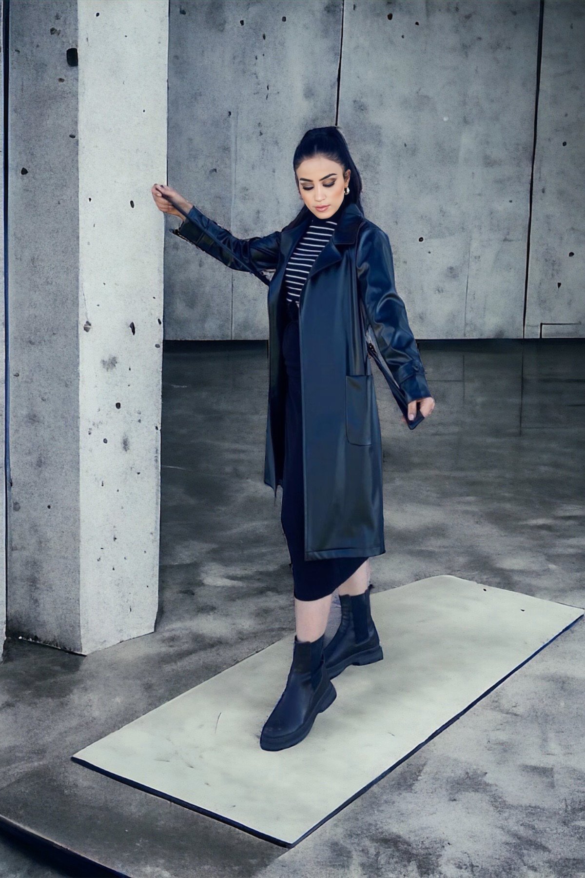 HAKKE Women's Belted Faux Leather Trench Coat