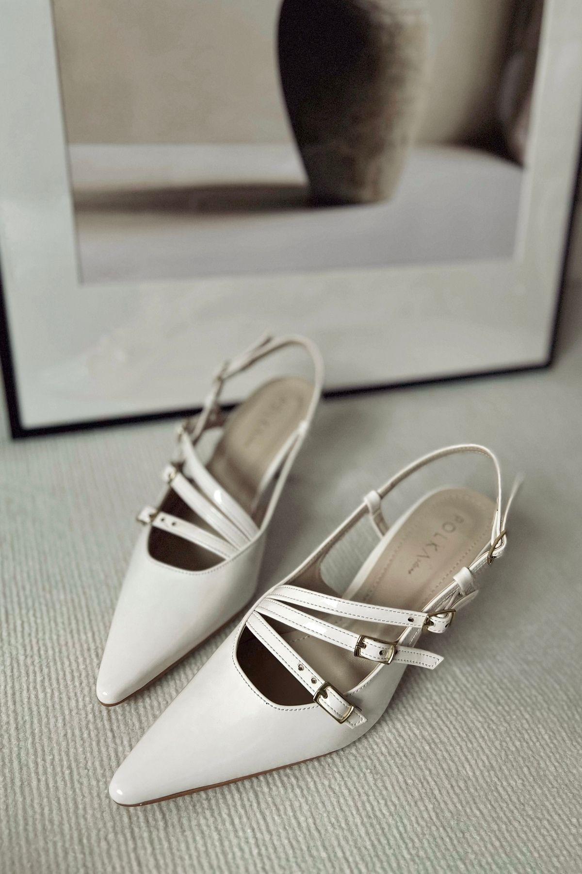 POLKA STORE-Obsession Triple Pointed Toe Three-Striped Buckle White Patent Leather Heeled Women's Shoes 6