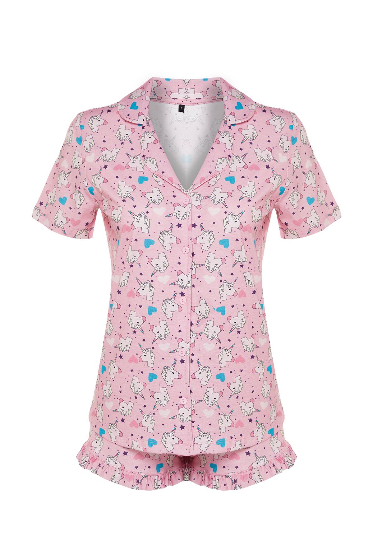 Trendyol Collection-THMSS22PT0483 - Pyžamový set s růžovým vzorem 100% bavlna s volánky a šortkami 7