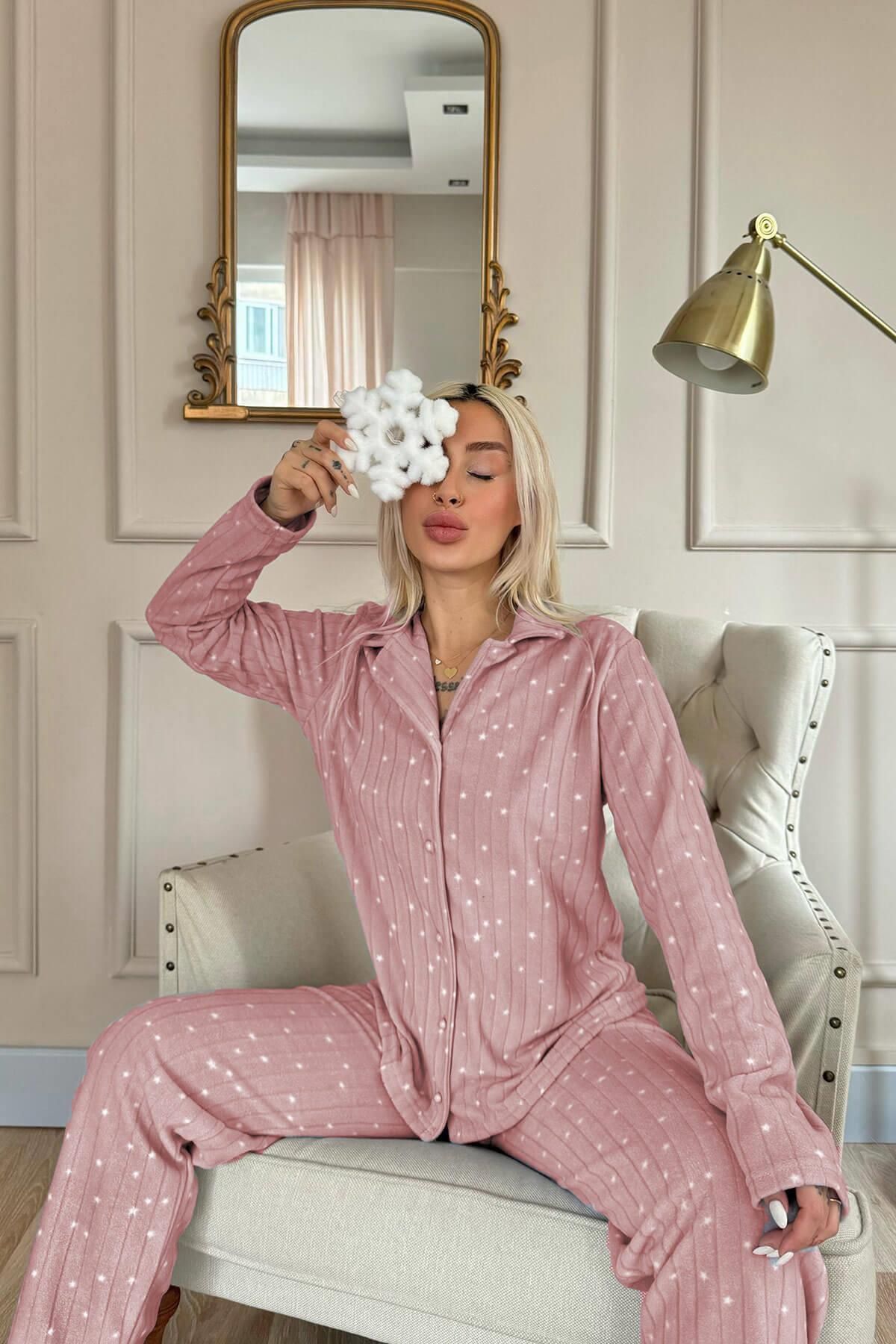 Pijamaevi-Pink Lune Patterned Front Buttoned Plush Fleece Pajama Set 4