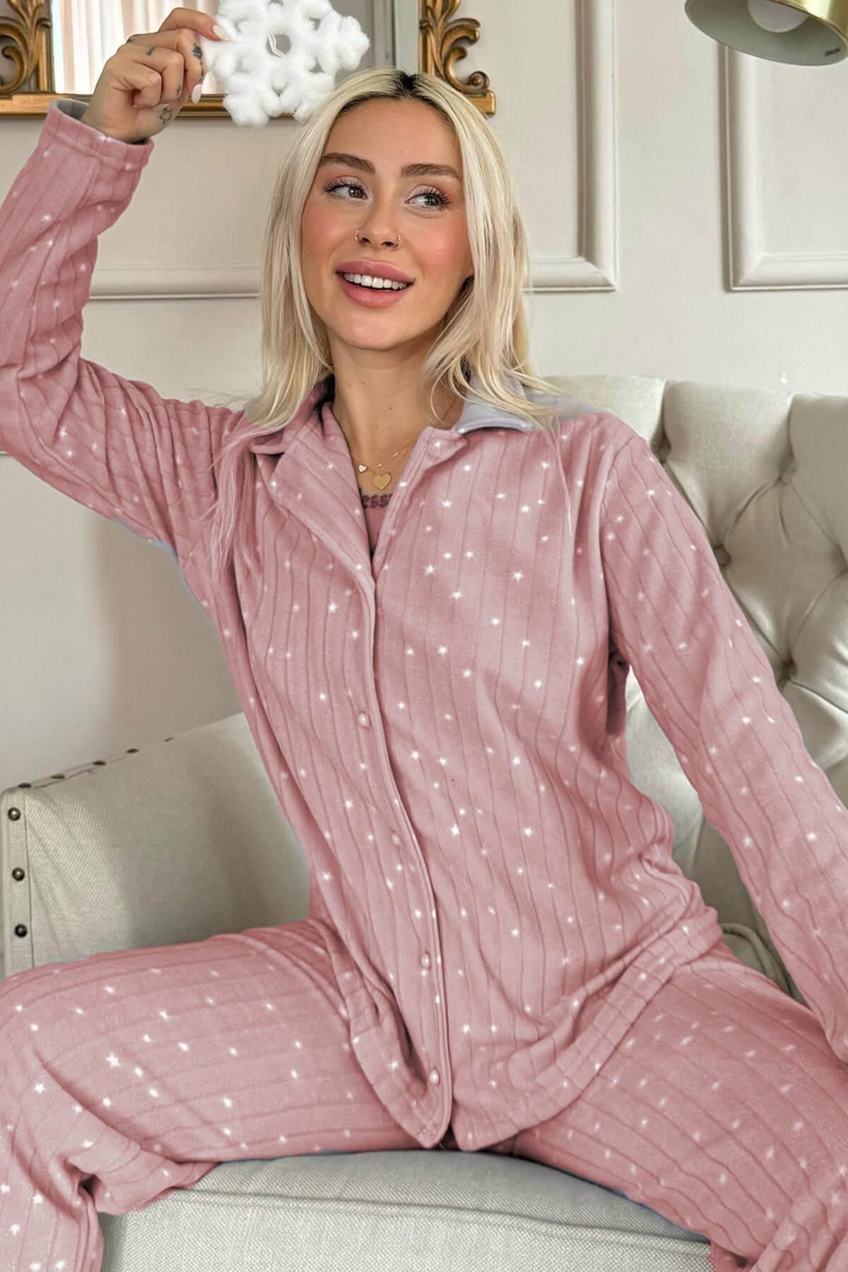 Pijamaevi-Pink Lune Patterned Front Buttoned Plush Fleece Pajama Set 1
