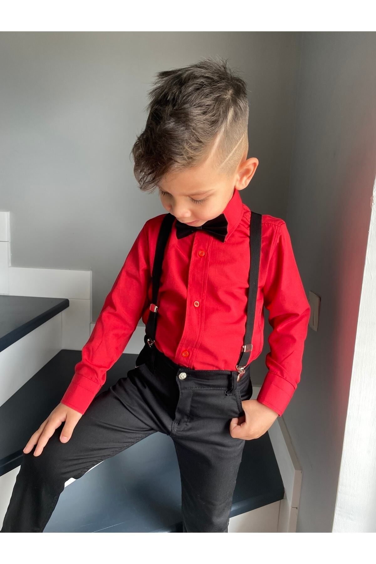 Entel-Boy's Long Sleeve Red Shirt Suspender Bow Tie Suit 5