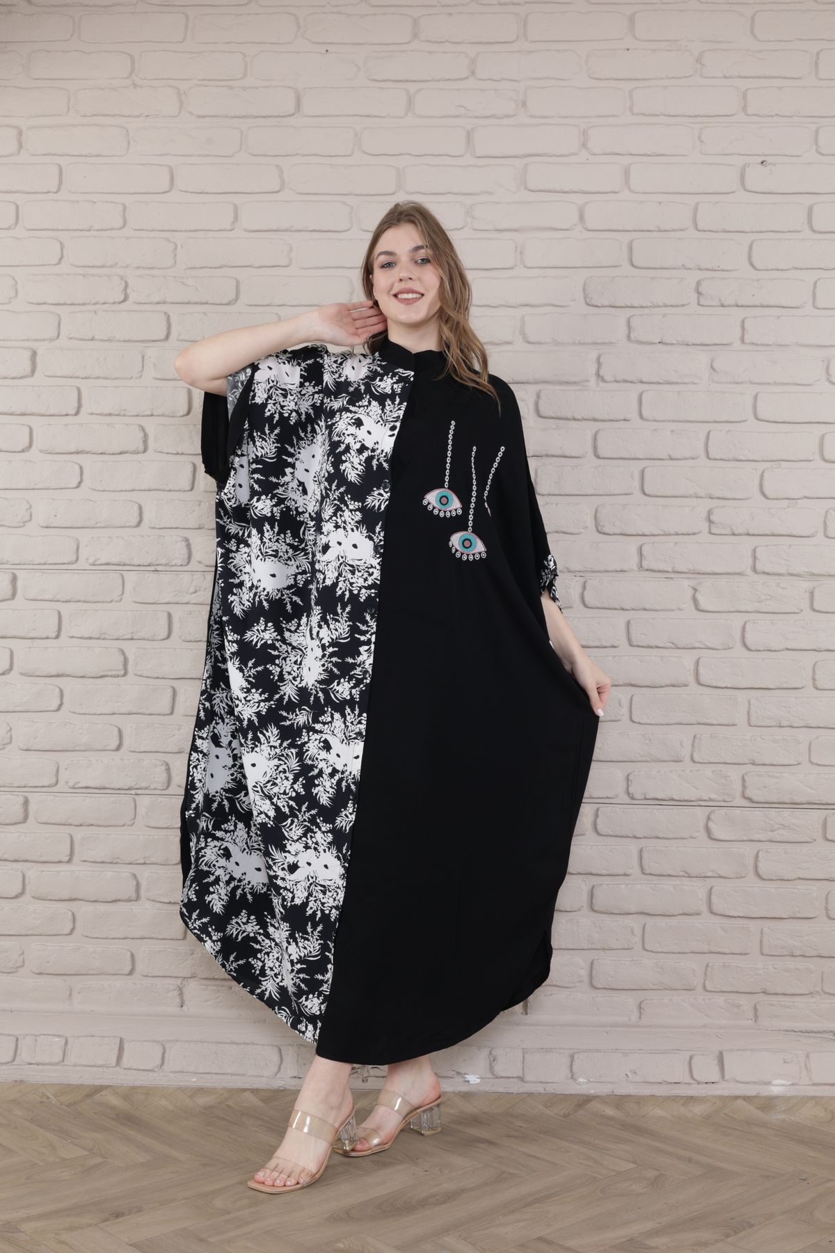 mervemoda-Γυναικείο Μαύρο Υφαντό Φόρεμα με γιακά σε μεγάλο μέγεθος 8