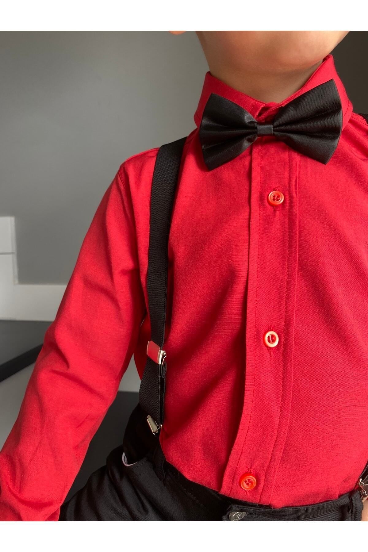 Entel-Boy's Long Sleeve Red Shirt Suspender Bow Tie Suit 4