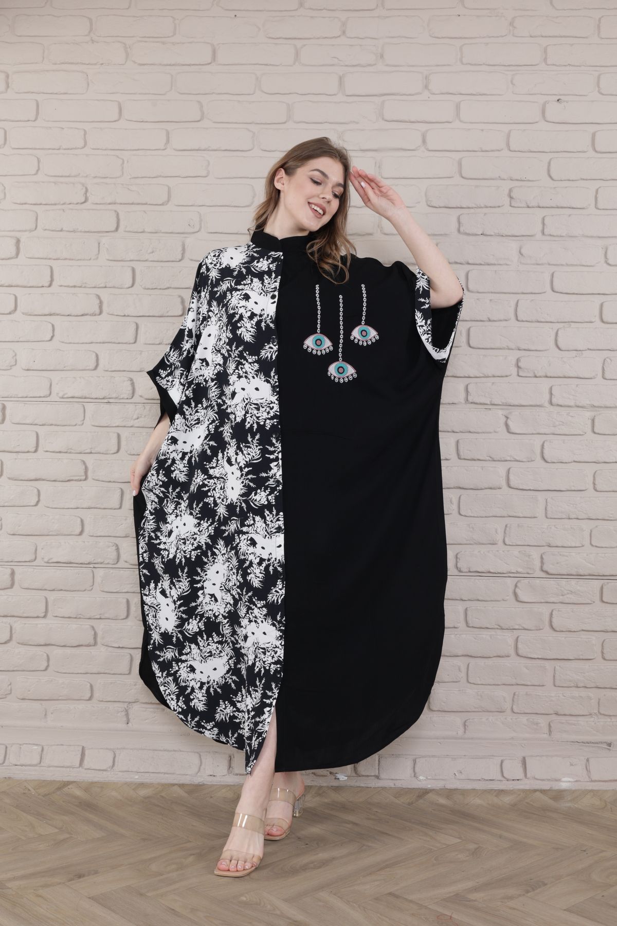 mervemoda-Γυναικείο Μαύρο Υφαντό Φόρεμα με γιακά σε μεγάλο μέγεθος 6