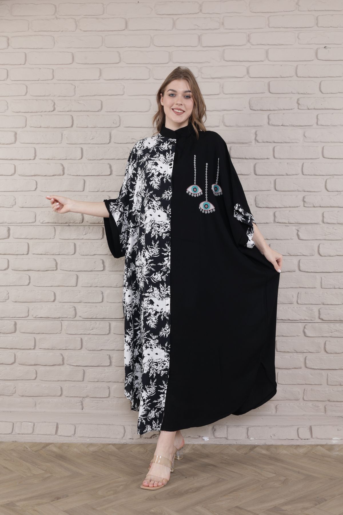 mervemoda-Γυναικείο Μαύρο Υφαντό Φόρεμα με γιακά σε μεγάλο μέγεθος 4