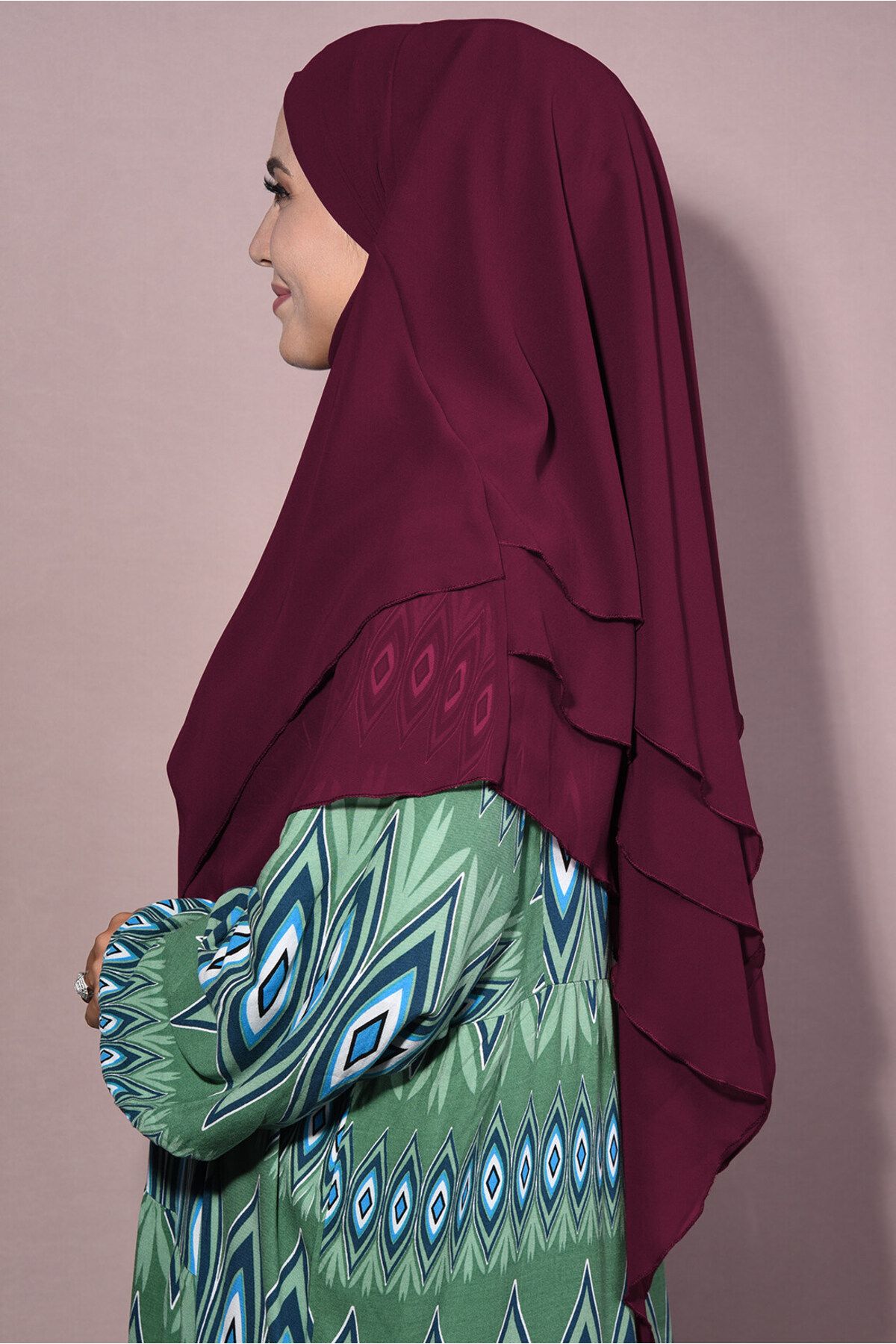 Tek Tesettür Giyim-Chiffon Souffle Khimar Medium Size Hijab Claret Red - Claret Red 3