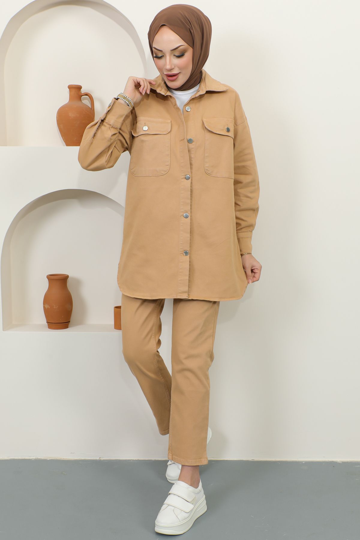 benguen-8175 Jacke Hose Hijab Doppel Jeans Set Beige 3